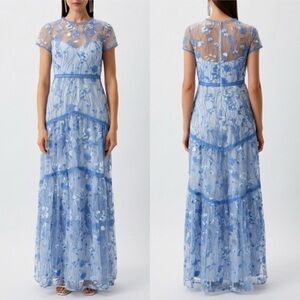 ML Monique Lhuillier Blue Floral Embroidered Maxi Dress w/ Sheer Overlay Size 4
